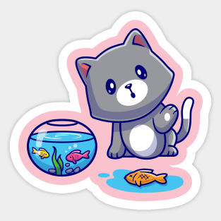 Cute Cat Take Out Fish From Aquarium Cartoon Sticker